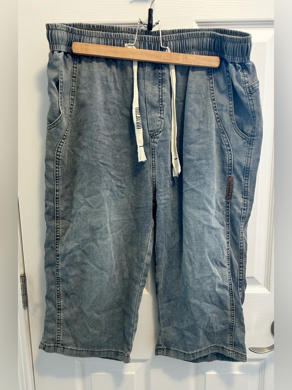 Casual Drawstring Denim Like Capri Pants - Blue